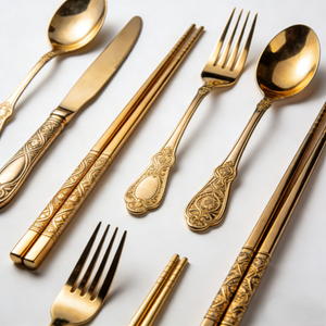 Ensemble de couverts de luxe en acier inoxydable découpés sur mesure par CNC, couteau à steak, cuillère, fourchette, style Palais Doré, pour mariage et camping - Product Image 3