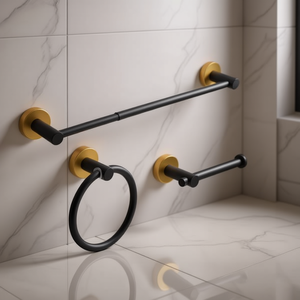 Set di Accessori per Bagno 3 Pezzi, Portasciugamani Regolabile 16-27 Pollici, Finitura Nero-Oro, Moderni Accessori da Parete per Bagno - Product Image 2