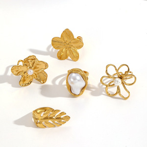 Floral Leaf <b>Titanium</b> Steel <b>Ring</b> For Women Pearl Inlay Geometric Design Everyday Wear Jewelry - Product Image 3