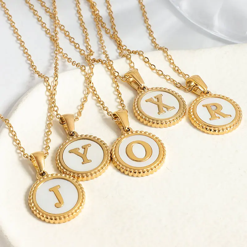 Wholesale Dainty Shell Coin 26 English Alphabet Letter Choker Jewelry Stainless Steel 18K Gold Plated Initial Pendent Necklace