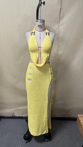 Viviblook Z307ST Conjunto de Dos Piezas de Verano para Mujer, Tejido a Crochet, Ropa de Playa, Sexy, Espalda Descubierta, Top Corto Halter, Falda Larga con Abertura - Product Image 4