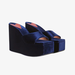Nuovi Arrivi Estivi: Ciabatte con <span class=keywords><strong>Zeppa</strong></span> e Plateau per Donna, Tacchi Alti, Punta Quadrata, <span class=keywords><strong>in</strong></span> Velluto <span class=keywords><strong>Blu</strong></span> Vino - Product Image 2