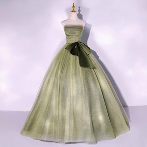 Green Strapless Ball Gown Dress Tulle Skirt Natural Waistline For Party Piano Performance Wedding - Product Image 1