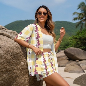 Conjunto de camisa informal para <span class=keywords><strong>mujer</strong></span>, pantalones cortos de cintura alta, traje holgado con estampado de flores a cuadros para verano, para playa - Product Image 3