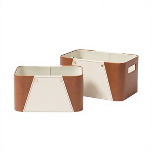 <span class=keywords><strong>LA</strong></span> <span class=keywords><strong>JOLIE</strong></span> MUSE Set di 2 Cesti Portaoggetti Rettangolari di Lusso in Pelle PU Marrone e Tessuto Greige Beige 34x23x18cm - Product Image 4