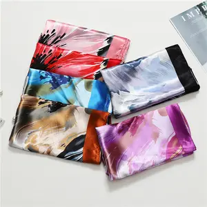 wholesale floral printing 90x90 satin polyester silk scarf for hair custom logo women satin edge hijab scarf