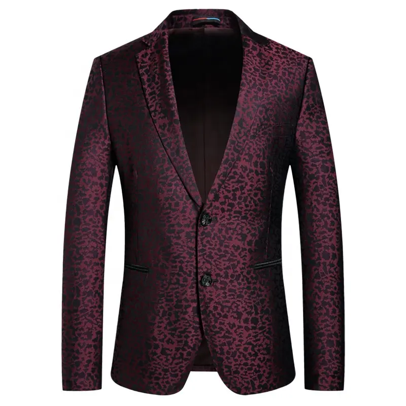 Stylish Burgundy Leopard Printed Single Breasted Blazers for Men Business Mens Fit Suit for Men