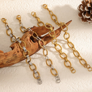 Bracelet à maillons torsadés de style européen américain, plaqué or 18 carats, acier inoxydable, bijoux unisexe, design d'anneau elliptique - Product Image 2