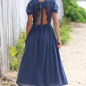 Vestidos Boho Casuales Largos Personalizados de Manga Corta y Espalda Descubierta para Mujer, Vestido Midi Elegante de Color Sólido con Cuello en V y Encaje - Product Image 4