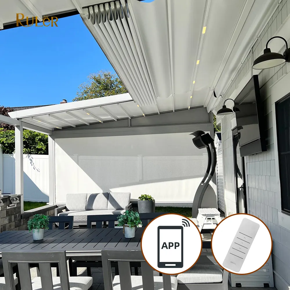 Mái Hiên Gấp Điện Ngoài Trời Pergola Màu Trắng Ứng Dụng Điện Điều Khiển Từ Xa Vườn Pergola Có Thể Thu Vào