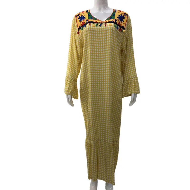 OEM 공장 도매 중동 두바이 터키 이슬람 긴 소매 레이온 플레어 슬리브 노란색 긴 드레스 이슬람 여성