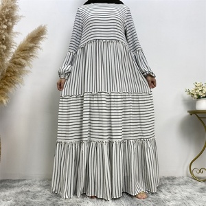 6400 #   Robe décontractée élégante pour femme avec col rond, poignets élastiques, empiècements plissés et rayures, fermeture éclair au dos - Product Image 3