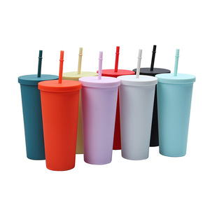Shang Kou Ai Reusable Plastic Straw Cup 24oz Double Walled For Travel Portable Drinkware - Product Image 5