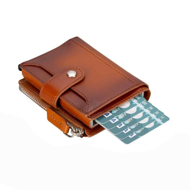 Anti-thief Smart Pop up Card Wallet Men Women Aluminum Wallet Rfid Blocking Leather Wallet With Zipper Pocket