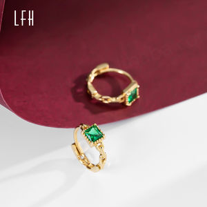 Boucles d'oreilles en or massif de forme carrée, boucles d'oreilles créoles en or 18 carats avec zircone cubique verte, boucles d'oreilles en or 18 carats véritable et pur - Product Image 1