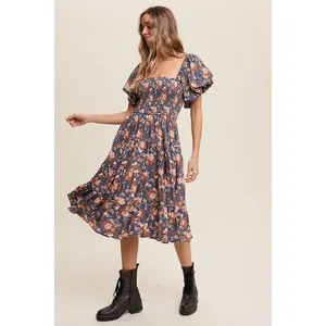 Elastizado Smocked Corpiño Azul y óxido Floral Burbuja Manga Moda Mujer Ropa Midi Vestidos Vestido Vintage para mujer