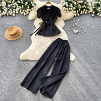 Setelan Wanita 2 Pcs Gaya Elegan Dewasa Ringan, Setelan Dua Potong Kerah Lipat dengan Ikat, Setelan Kerja Wanita, Kerah Berikat, Model Ramping, Setelan Modis