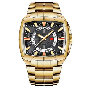 Benyar 5130 world gold male quartz watch best power Stainless steel band Waterproof date display storage Casual hand watch