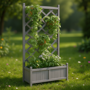 Jardinera de Madera de Abeto Gris con Enrejado Rectangular Pintado, Soporte para Plantas de Jardín D0100H5S65J - Product Image 2