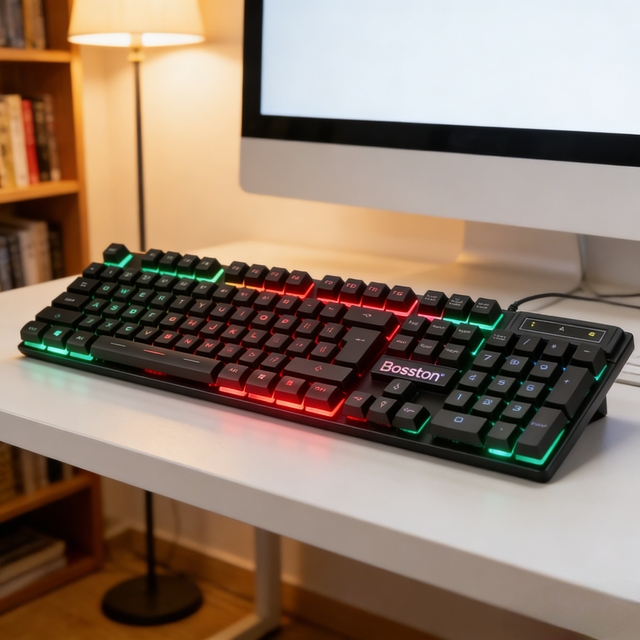 BOSSTON New Colorful Backlighting RGB 104-Key Plastic Membrane Gaming Keyboard USB 2.0 Connect for PC