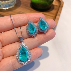 Wholesale Eco-friendly Copper Tear Drop-shaped Paraiba Zircon Durable Necklace <b>Earrings</b> <b>Set</b> Zircon Waterproof Jewelry <b>Set</b> - Product Image 2