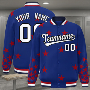 Chaqueta Varsity Azul Personalizada para Hombre con Estrellas Rojas, Nombre y Número Personalizados, Estilo Preppy, Ropa de Otoño - Product Image 4