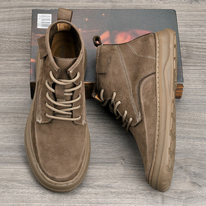 Martin Boot Men Ankle Height <b>Round</b> <b>Toe</b> Genuine Leather Soft Sole Flat <b>Heel</b> Solid Color Mid-Calf Boots Autumn Winter Style - Product Image 2