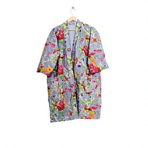 Bata de Baño Kimono de Algodón Kantha para Mujer, Estampado Floral, Chaqueta Larga India, Transpirable, de Secado Rápido, para Invierno, Talla Única, Cuello en V - Product Image 1