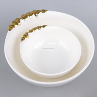 5.5 pouces porcelaine blanche bol à salade en céramique ensemble d'assiettes or jante plante Design élégant vaisselle plateau Stock vaisselle soupières