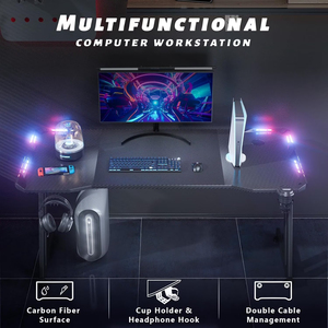 Bureau de jeu <span class=keywords><strong>pour</strong></span> <span class=keywords><strong>ordinateur</strong></span> portable de 47 pouces, bureau de jeu <span class=keywords><strong>pour</strong></span> <span class=keywords><strong>ordinateur</strong></span> de bureau à domicile, grand bureau de jeu RGB avec éclairage LED, porte-gobelet, crochet <span class=keywords><strong>pour</strong></span> casque, tapis de souris, noir - Product Image 6
