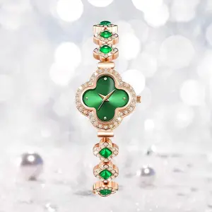 Retro Luxury Women's Fashion Green dial Wrist Watch Four-leaf Clover Bracelet Ornament Simple Trend Watch For women