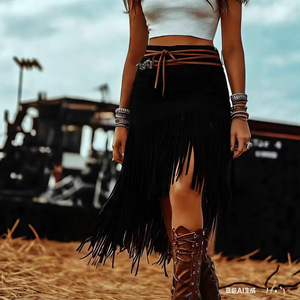 <span class=keywords><strong>Gonna</strong></span> Midi Estiva da Donna Stile Western Retrò con <span class=keywords><strong>Frange</strong></span>, Vita Alta, in Finta Pelle Scamosciata, Tinta Unita, Vestibilità Slim, Modello a Trapezio - Vendita all'Ingrosso - Product Image 4