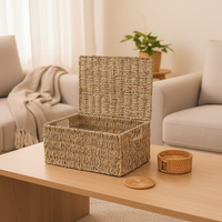 Panier de rangement carré multifonctionnel en jonc de mer tressé à la main, moderne et naturel, avec couvercle anti-poussière pour le rangement des vêtements et des jouets dans le salon