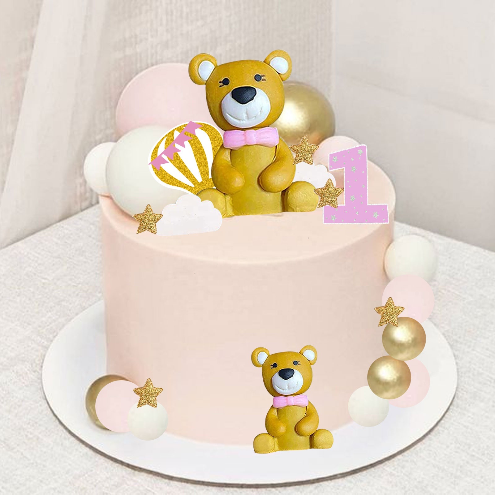 Décoration De Gâteau Ours Rose Pour Baby Shower Ou Anniversaire - Set Avec Boules Colorées (15 Pièces)