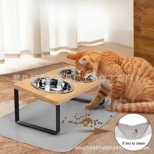 Support double pour gamelles de chat en bambou et bois pour usage domestique, support créatif pour gamelles d'animaux de compagnie en fer et bois, support en bois massif pour le cou. - Product Image 2