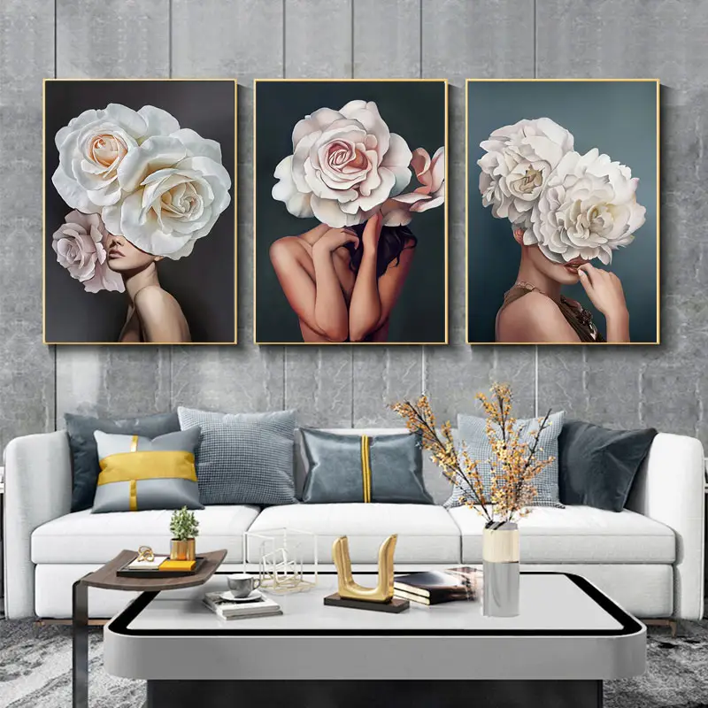 Flowers Woman Abstract Canvas Painting Wall Art Pink White Flower Poster Fashion Print Wall Picture Modern Living Room Decor