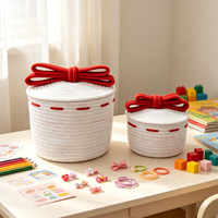 Boîte de rangement en corde de coton tressée à la main avec couvercle à nœud, organisateur décoratif anti-poussière pour chambre, chambre d'enfant, table, petits objets