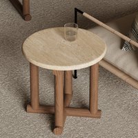 Table basse en bois de frêne massif avec plateau en travertin style Wabi-sabi pour salon, chambre, coin - Sans assemblage, personnalisable
