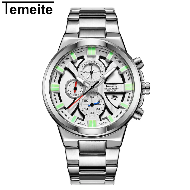 TEMEITE 018G Элегантные зеленые мужские кварцевые часы новейший стальной ремешок большой циферблат хронометр шикарные наручные часы для улицы