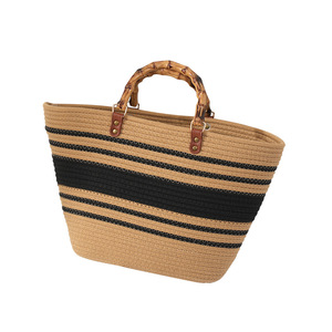 Sac fourre-tout tissé grande capacité, design rayé, poignée en bambou, sac de plage d'été pour femme, usage quotidien - Product Image 5