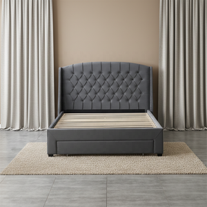 Lit rembourré de style simple de bonne qualité, boutons capitonnés, tête de lit incurvée, lit ottoman avec rangement, taille Queen - Product Image 1