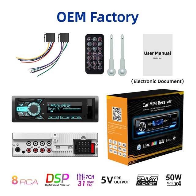 Universal 1 Din 8 RCA DSP Car Stereo MP3 Player 31 Band EQ AUX USB SD Bluetooth Handsfree 12V Car