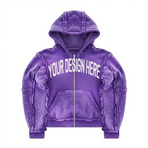 Sudadera con capucha y cremallera con pedrería, de algodón grueso, negra con lavado ácido, corte holgado y corto, estilo urbano personalizado para hombre - Product Image 3