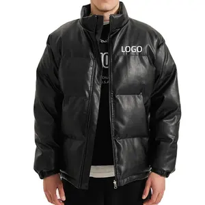 Custom Logo Street Wear Heavy Designer Puff Padded Coat Oversized Men's Down Cotton Bubble Men Shiny Puffer PU Leather Jacket