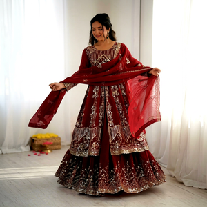 Maroon Embroidered Lehenga Choli With Dupatta Traditional Indian Wedding Wear For Women Floor Length Crunchy Silk Dress - Product Image 1