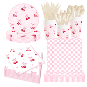 ชุดตกแต่งธีมงานวันเกิด DAMAI ขายส่งจำนวนมาก ชุดจานกระดาษลายตารางสีชมพู ใบเชอร์รี่ ผ้าปูโต๊ะ อุปกรณ์จัดเลี้ยงแบบใช้แล้วทิ้ง - Product Image 2