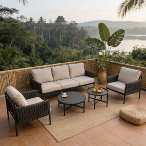 Ensemble de canapés d'extérieur en rotin tressé aluminium tropical 5 pièces avec deux tables basses, couleurs de coussins personnalisables, imperméable, haut de gamme pour - Product Image 1