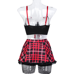 Ensemble de lingerie sexy à carreaux rouges tendance et très vendu, lingerie sexy à nœud croisé, uniforme de fille, ensemble quatre pièces - Product Image 2