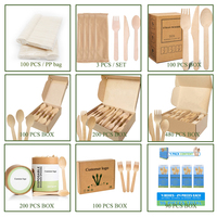 Ensemble de vaisselle en bois jetable personnalisé couteaux fourchettes cuillères biodégradables avec boîte d'emballage personnalisée et ensembles de couverts avec logo