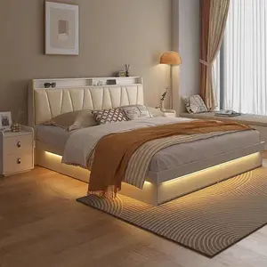 最新节省空间现代卧室家具大号双人床框架带发光二极管灯豪华特大床带储物
